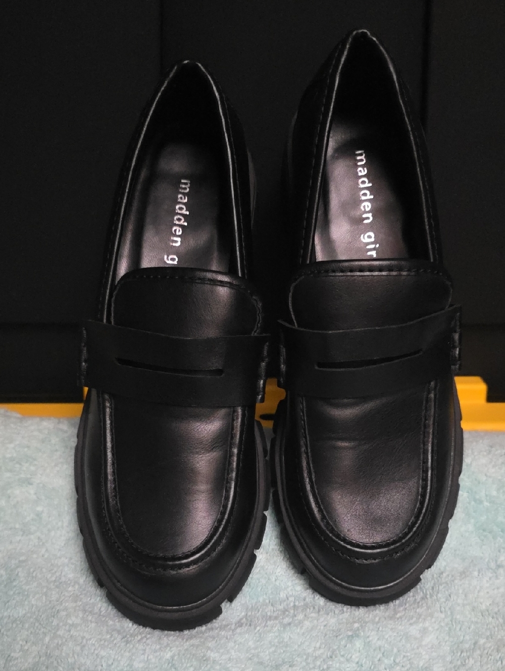 Madden Girl Black Leather Lug Sole Penny Loafers